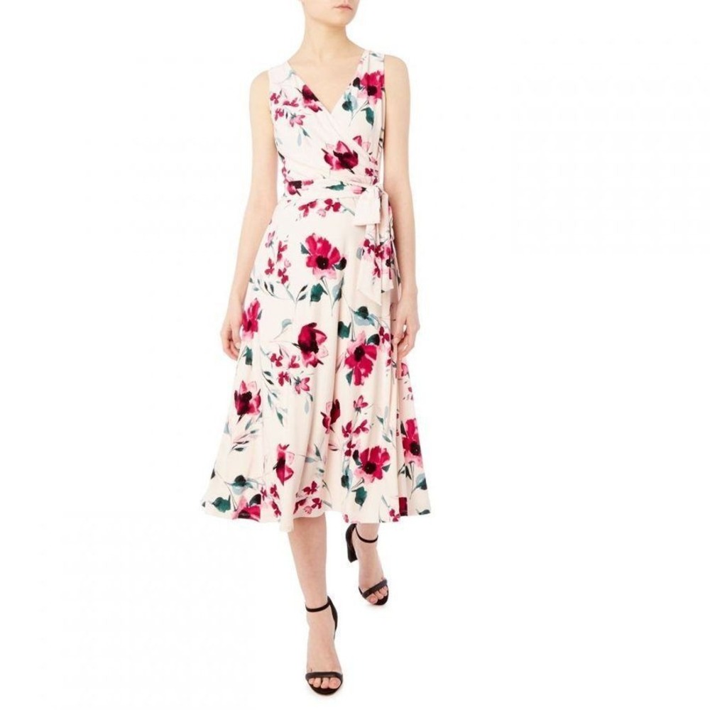 Lauren Ralph Lauren Carana Faux Wrap Dress Women 2 Pink Floral Tie Belt Romantic